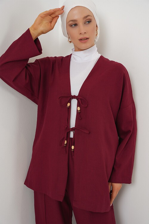Merterium Kadın Keten Kimono İkili Takım 6727 - Bordo