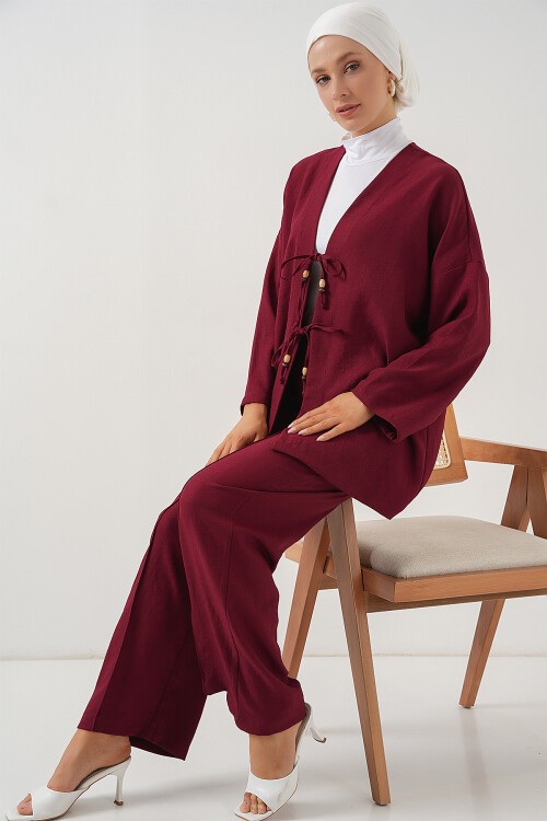 Merterium Kadın Keten Kimono İkili Takım 6727 - Bordo