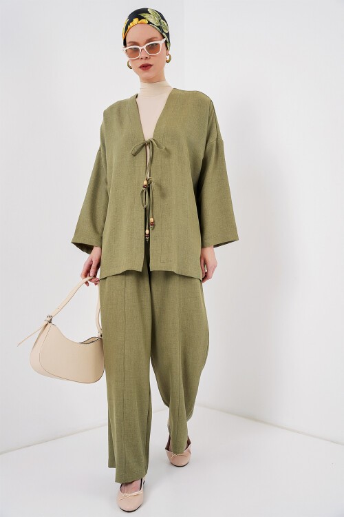 Merterium Kadın Keten Kimono İkili Takım 6727 - Çağla