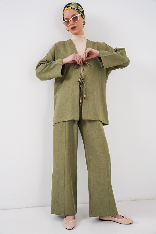 Merterium Kadın Keten Kimono İkili Takım 6727 - Çağla