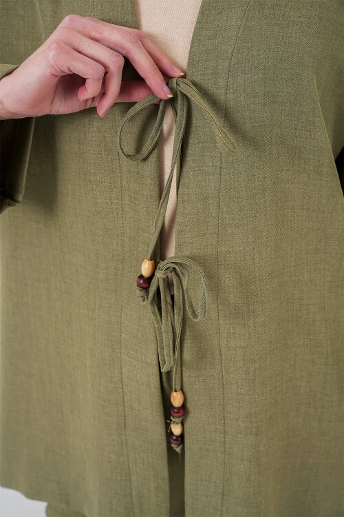 Merterium Kadın Keten Kimono İkili Takım 6727 - Çağla