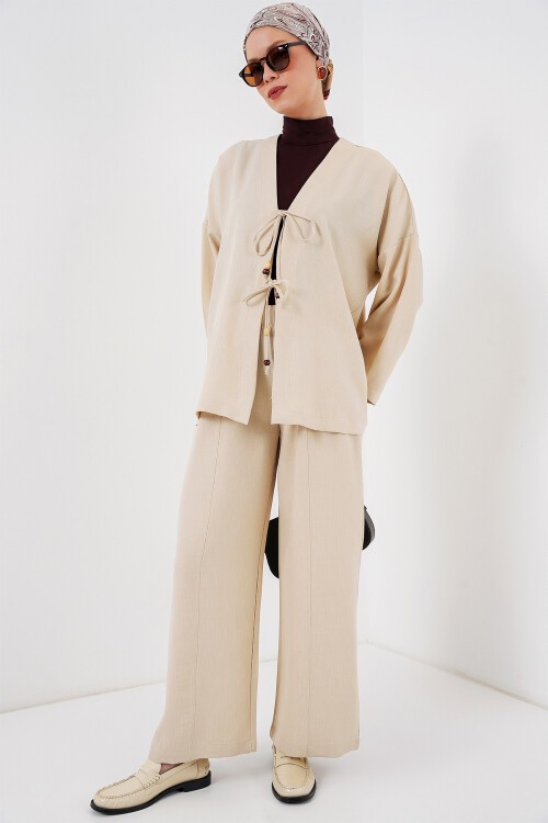 Merterium Kadın Keten Kimono İkili Takım 6727 - Krem