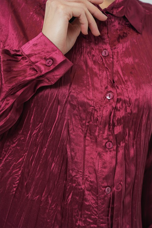 Merterium Kadın Kırışık Saten Gömlek 20316 - Bordo