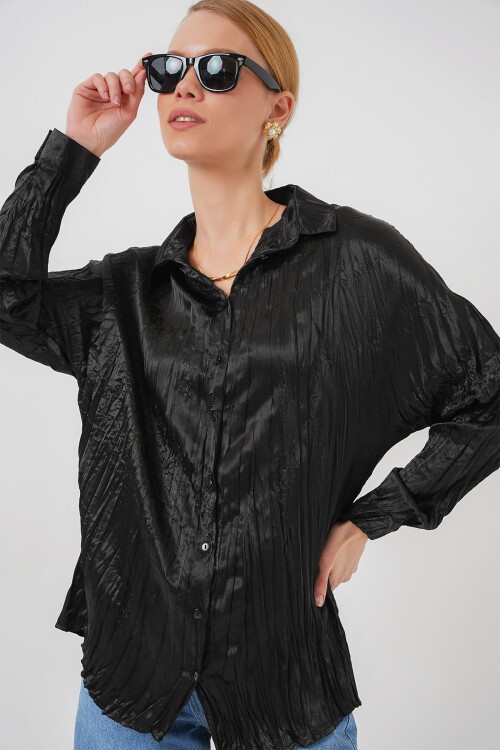 Merterium Kadın Kırışık Saten Gömlek 20316 - Siyah