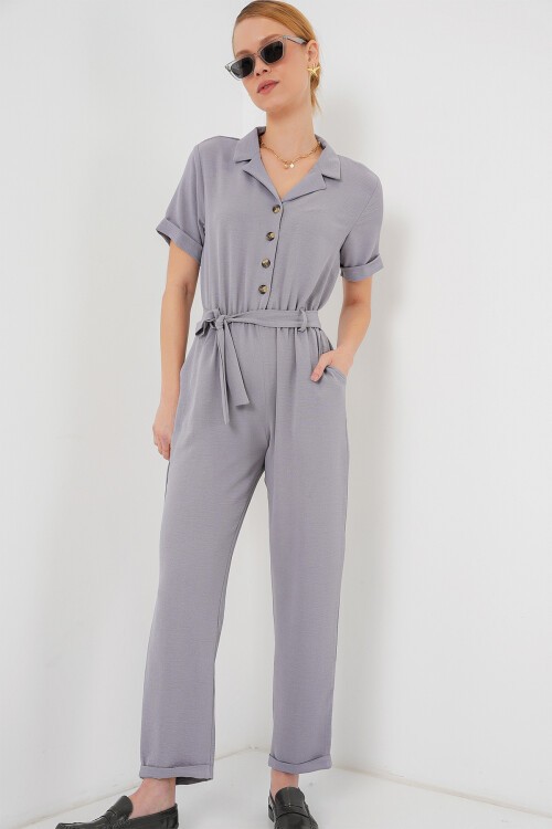 Merterium Kadın Kısa Kol Ayrobin Tulum 7030 - Gri