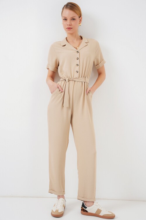 Merterium Kadın Kısa Kol Ayrobin Tulum 7030 - Krem