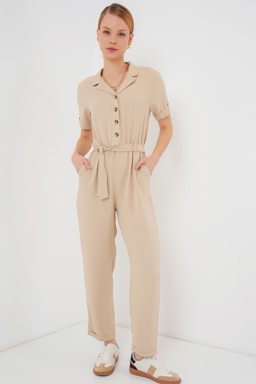 Merterium Kadın Kısa Kol Ayrobin Tulum 7030 - Krem