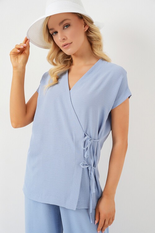 Merterium Kadın Kısa Kol Bağcıklı Ayrobin İkili Takım 6741 - Mavi