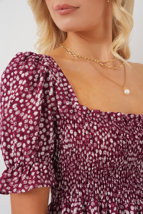 Merterium Kadın Kısa Kol Çiçekli Elbise 2556 - Bordo