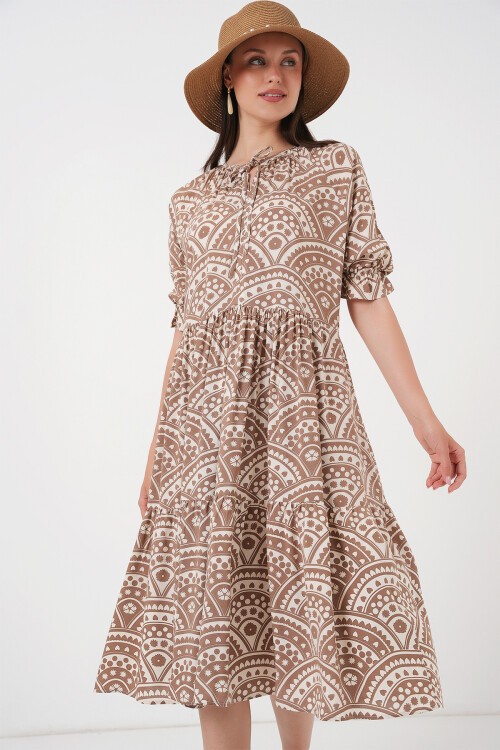 Merterium Kadın Kısa Kol Desenli Elbise 2553 - Bej