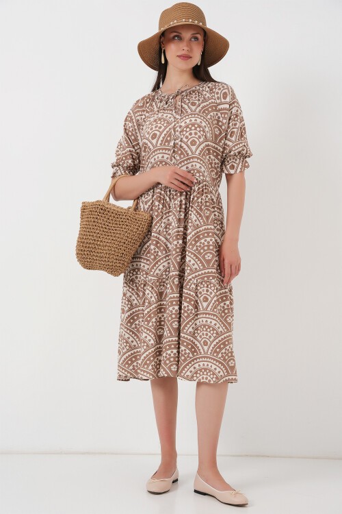Merterium Kadın Kısa Kol Desenli Elbise 2553 - Bej