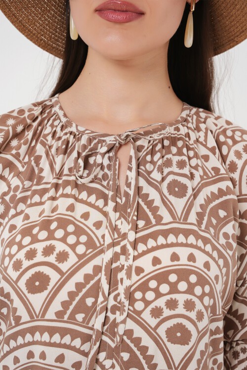 Merterium Kadın Kısa Kol Desenli Elbise 2553 - Bej