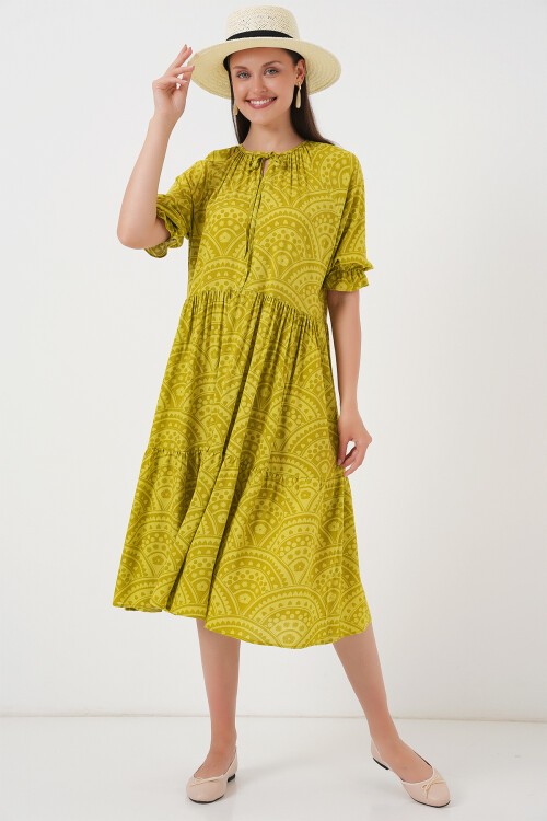 Merterium Kadın Kısa Kol Desenli Elbise 2553 - E.Yeşil