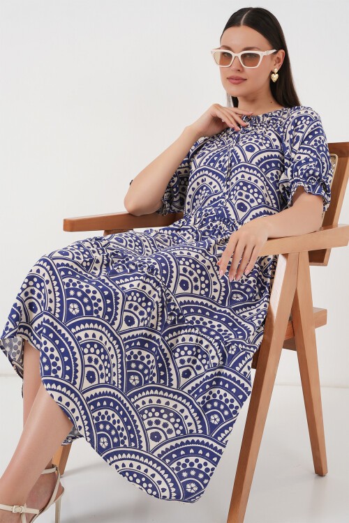 Merterium Kadın Kısa Kol Desenli Elbise 2553 - İndigo