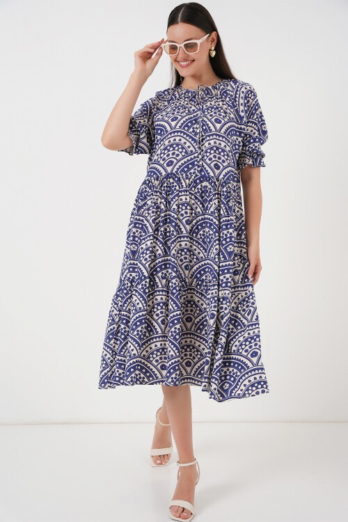 Merterium Kadın Kısa Kol Desenli Elbise 2553 - İndigo