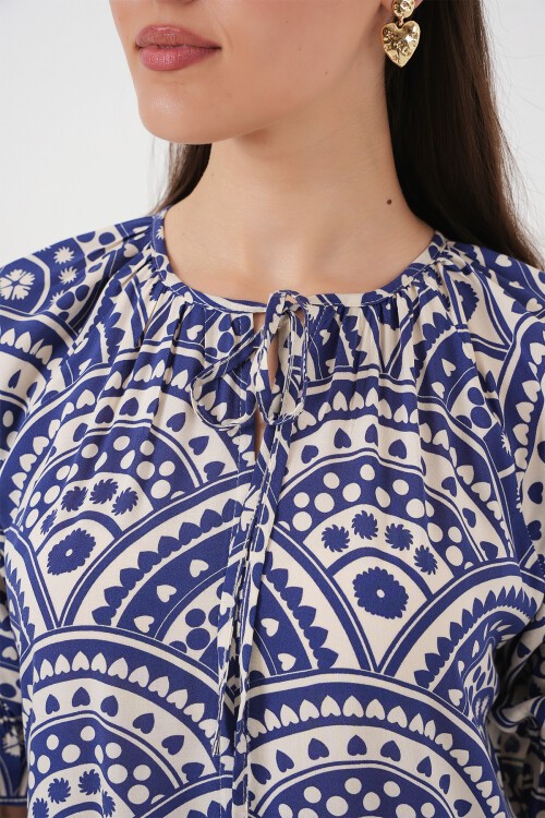 Merterium Kadın Kısa Kol Desenli Elbise 2553 - İndigo