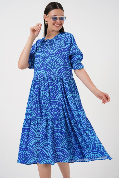 Merterium Kadın Kısa Kol Desenli Elbise 2553 - Saks