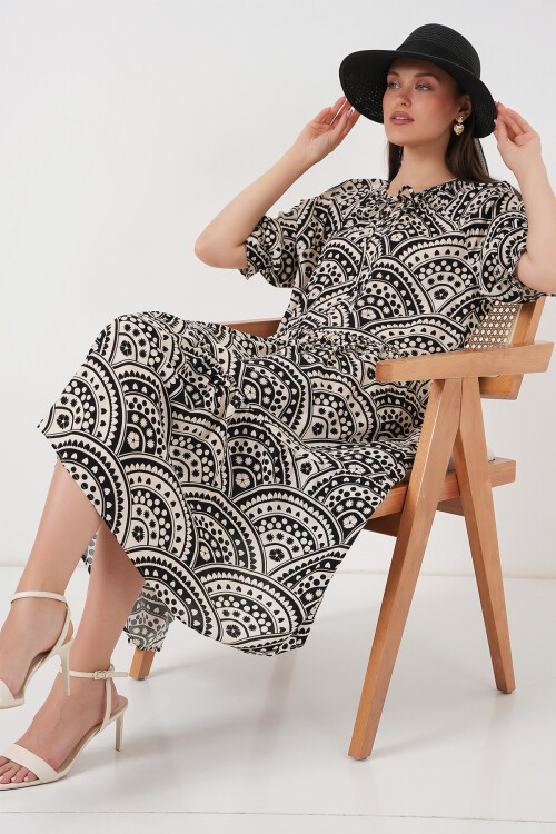 Merterium Kadın Kısa Kol Desenli Elbise 2553 - Siyah