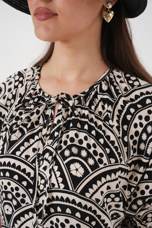 Merterium Kadın Kısa Kol Desenli Elbise 2553 - Siyah