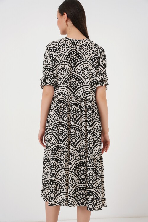 Merterium Kadın Kısa Kol Desenli Elbise 2553 - Siyah