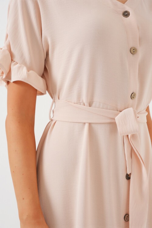 Merterium Kadın Kısa Kol Düğmeli Elbise 2555 - Krem