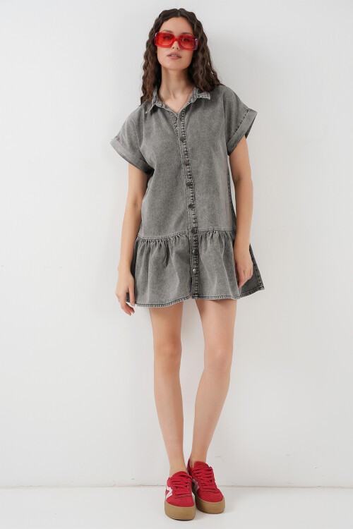 Merterium Kadın Kısa Kot Elbise 2530 - Füme