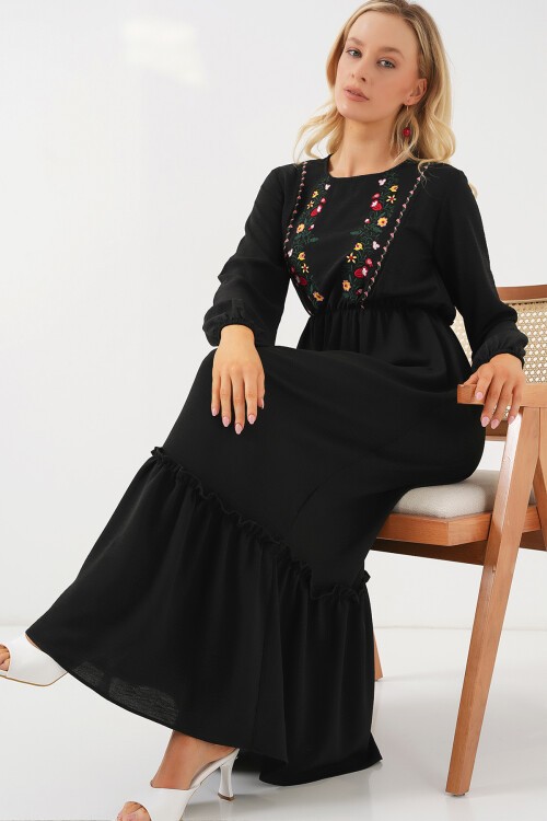 Merterium Kadın Nakışlı Uzun Tesettür Elbise 2550 - Siyah