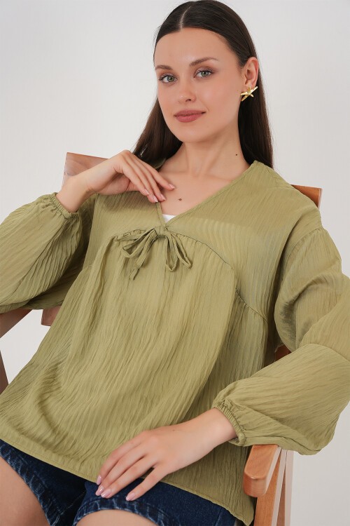 Merterium Kadın Önü Bağcıklı Uzun Kol Bluz 946 - Çağla