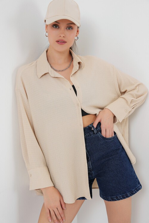 Merterium Kadın Örme Oversize Gömlek 20264 - Bej
