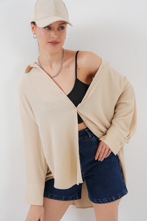 Merterium Kadın Örme Oversize Gömlek 20264 - Bej