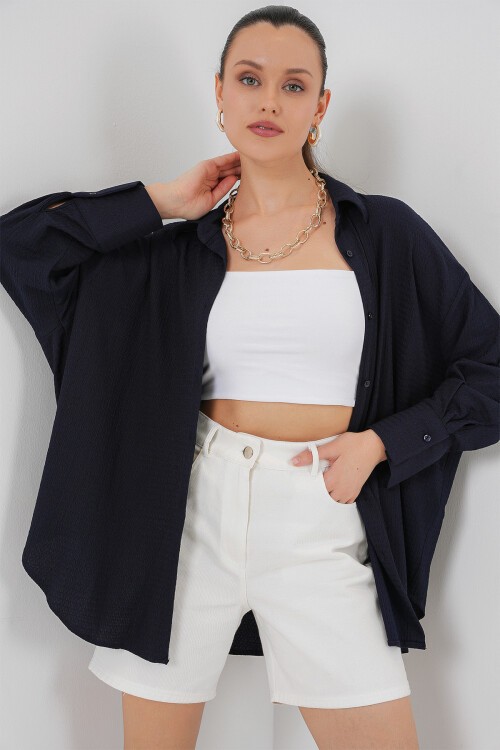 Merterium Kadın Örme Oversize Gömlek 20264 - Lacivert