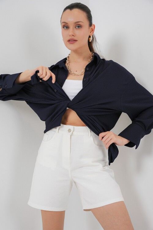 Merterium Kadın Örme Oversize Gömlek 20264 - Lacivert