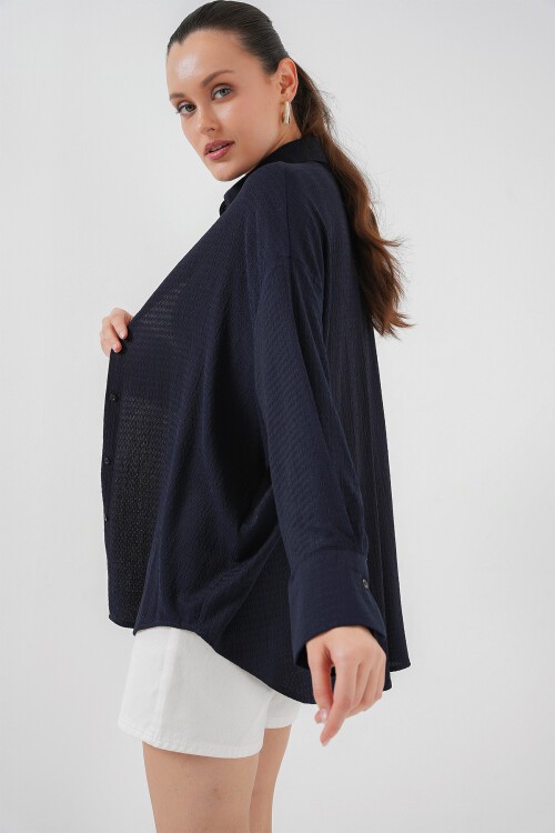 Merterium Kadın Örme Oversize Gömlek 20264 - Lacivert
