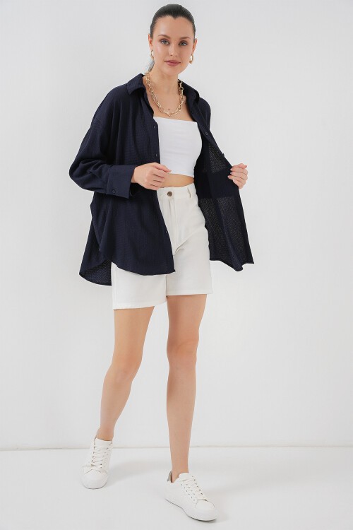 Merterium Kadın Örme Oversize Gömlek 20264 - Lacivert