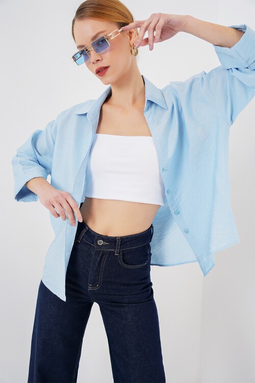 Merterium Kadın Oversize Kısa Kol Gömlek 20315 - Mavi