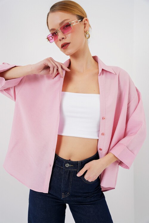 Merterium Kadın Oversize Kısa Kol Gömlek 20315 - Pembe