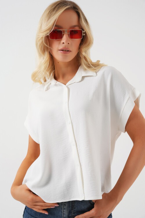 Merterium Kadın Oversize Kısa Kol Gömlek 20322 - Beyaz