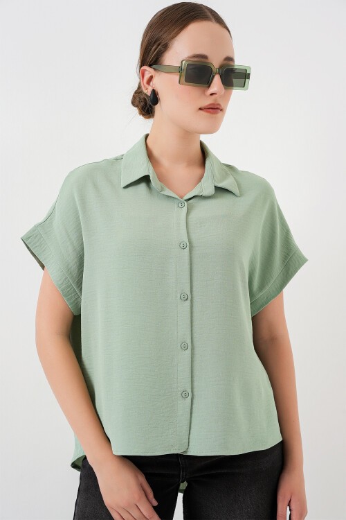 Merterium Kadın Oversize Kısa Kol Gömlek 20322 - Çağla