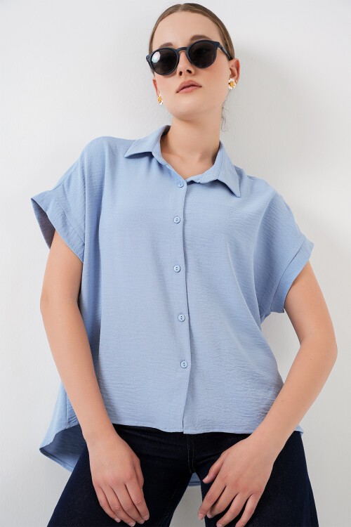Merterium Kadın Oversize Kısa Kol Gömlek 20322 - Mavi