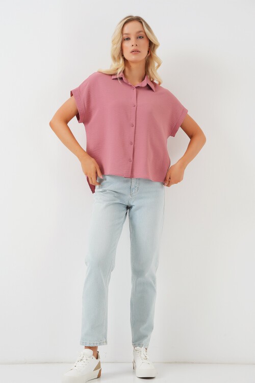 Merterium Kadın Oversize Kısa Kol Gömlek 20322 - Pembe