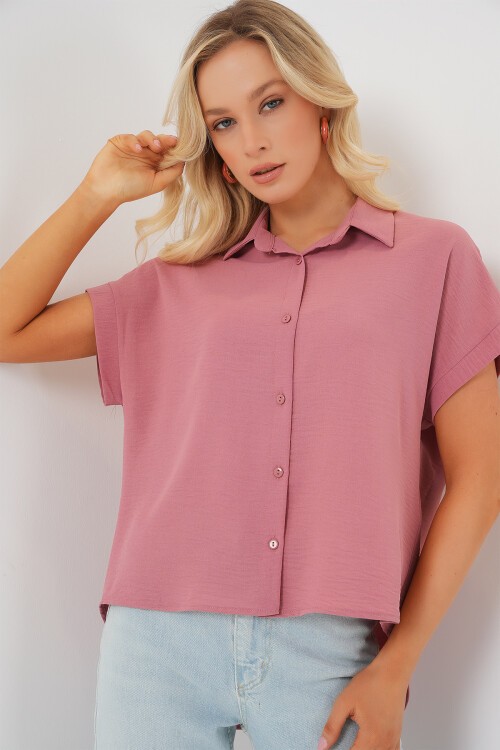 Merterium Kadın Oversize Kısa Kol Gömlek 20322 - Pembe
