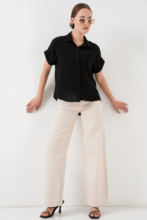 Merterium Kadın Oversize Kısa Kol Gömlek 20322 - Siyah