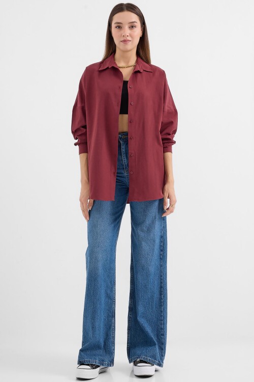 Merterium Kadın Oversize Mürdüm Uzun Basic Gömlek 3900