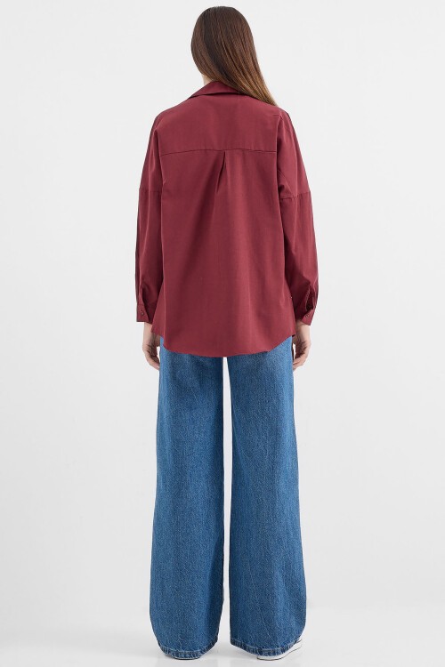 Merterium Kadın Oversize Mürdüm Uzun Basic Gömlek 3900