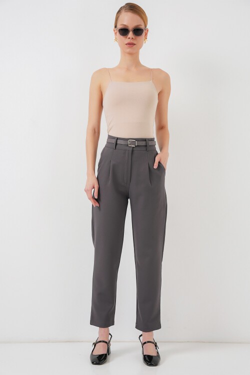 Merterium Kadın Pileli Kemerli Kumaş Pantolon 6725 - Antrasit