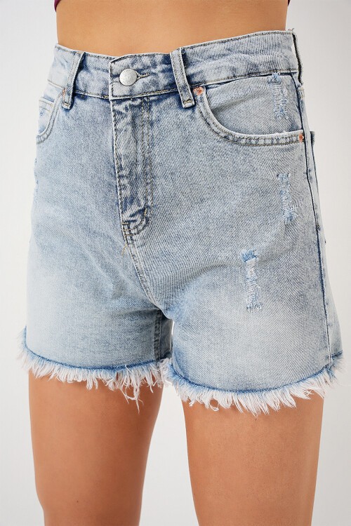 Merterium Kadın Püsküllü Kot Şort 5338 - Mavi