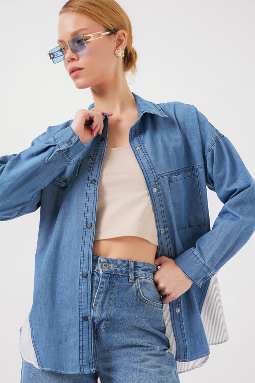 Merterium Kadın Sırt Detaylı Kot Gömlek 20305 - Mavi