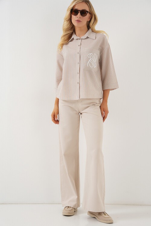 Merterium Kadın Tek Cep Nakışlı Gömlek 20328 - Bej