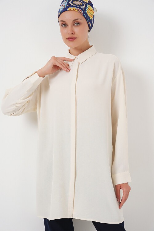 Merterium Kadın Uzun Gömlek Tunik 5945 - Ekru