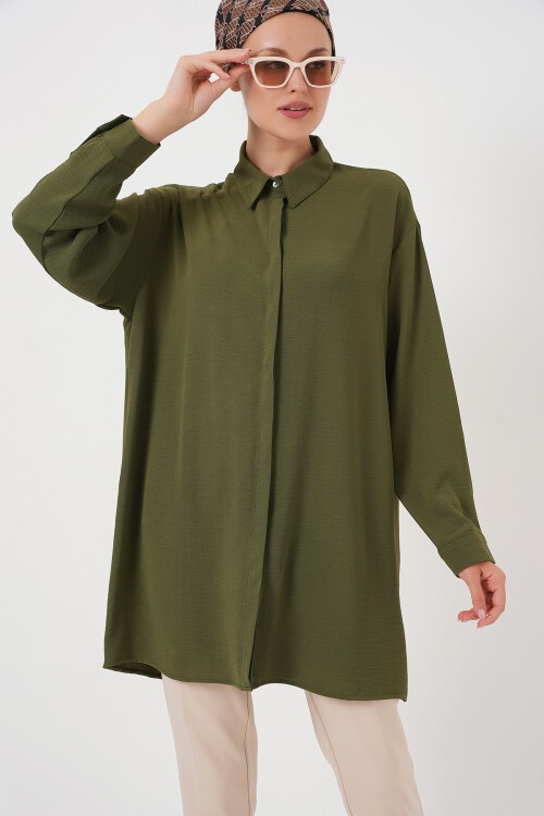 Merterium Kadın Uzun Gömlek Tunik 5945 - Haki
